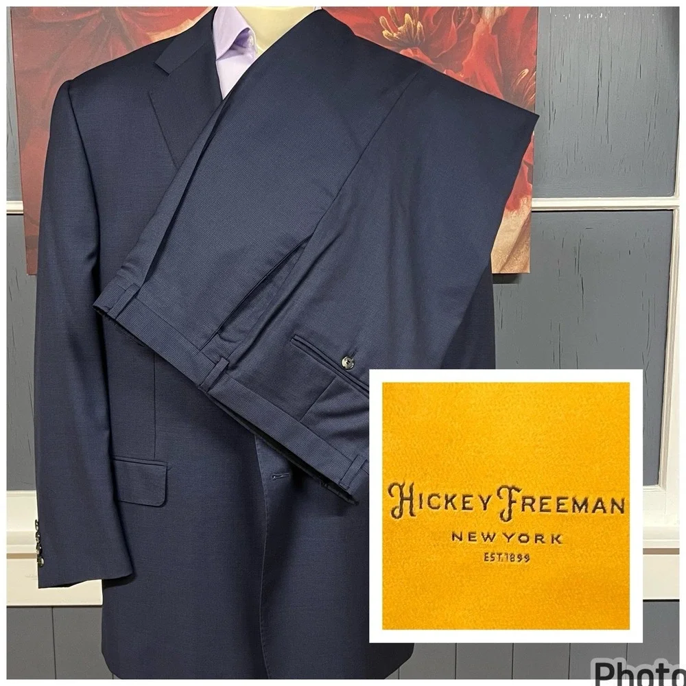 Hickey Freeman Custom Suit Mens 48L Tailored Fit Cuffed Pleated Pants 37x33 Navy